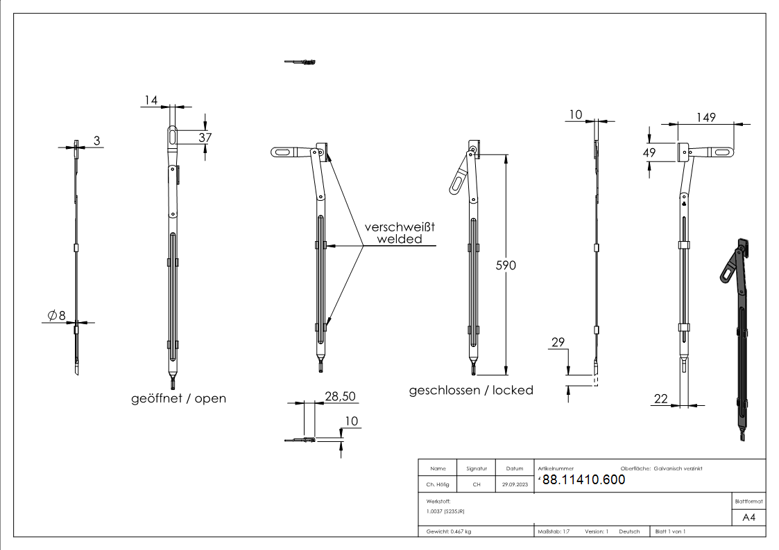 Torriegel zum Anschweißen, Länge 600mm, verzinkt