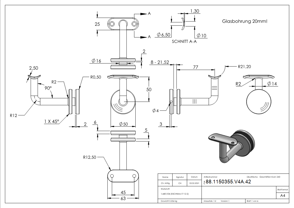 Handlaufhalter für Glas, Halteplatte 42,4mm, V4A