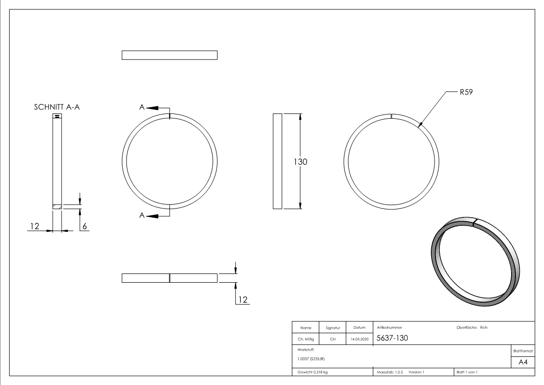 Ring | Material: 12x6 mm | Außen-Ø130 mm | Stahl S235JR, roh