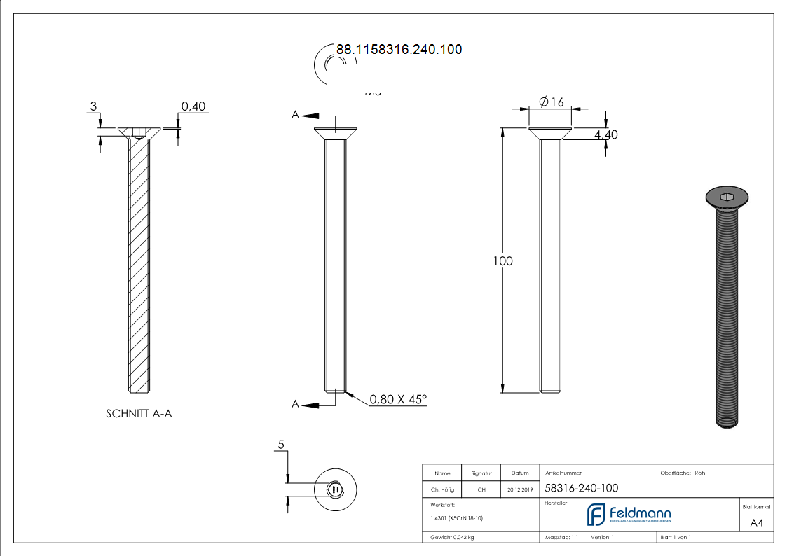Senkkopfschraube V2A M8x100 Innensechskant ISO 10642 Vollgewinde-88-1158316-240.100