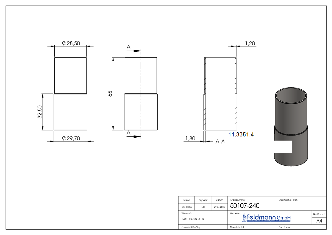 Verbindungsstueck fuer Rundrohr Ø 33-7x2-6 mm V2A-11-3351.4