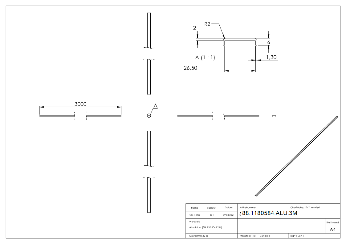 Kantenschutz EXTRA SLIM, für Glas 24,00 - 25,52mm, L=3m, Aluminium E4/EV1
