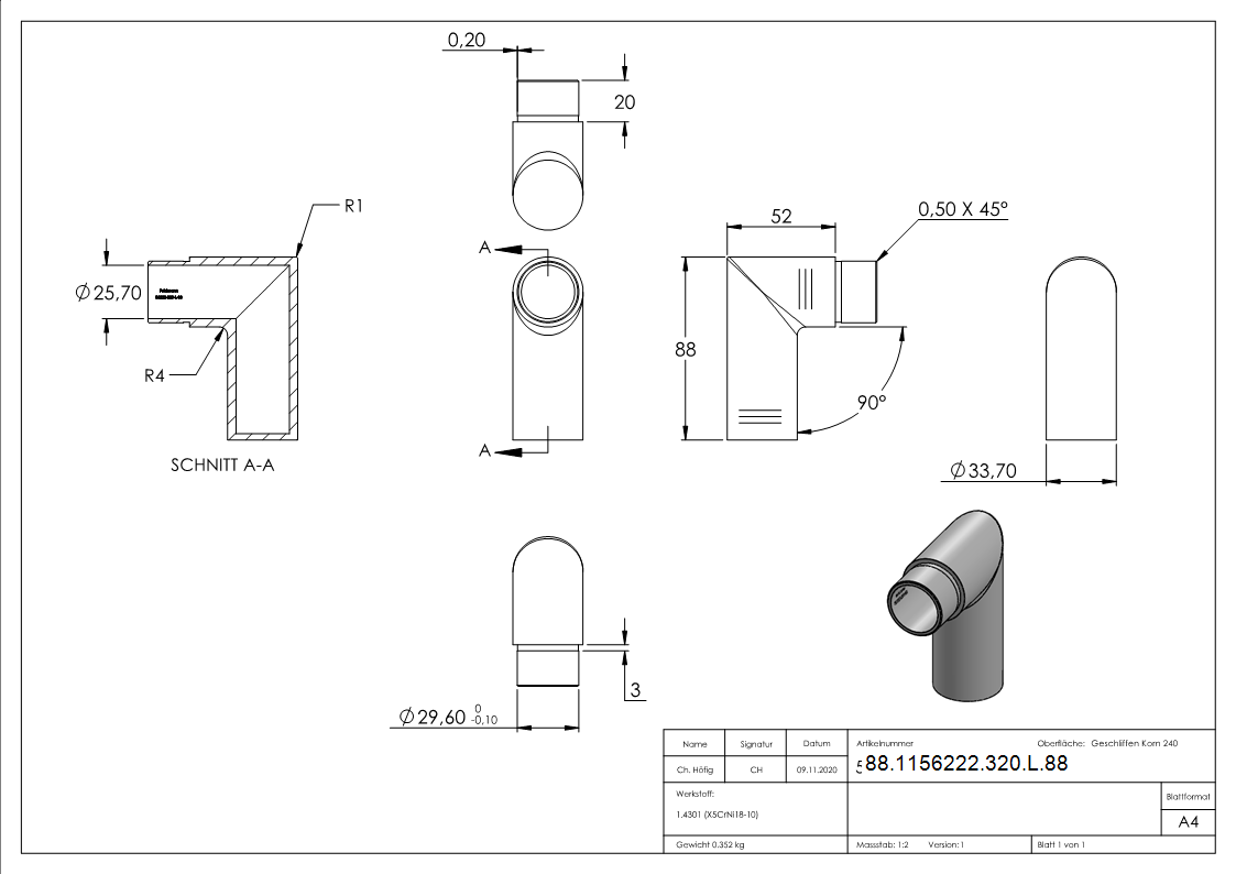 Endbogen V2A fuer Rohr 33-7x2-0 mm 90° lang-88-1156222-320-L.88