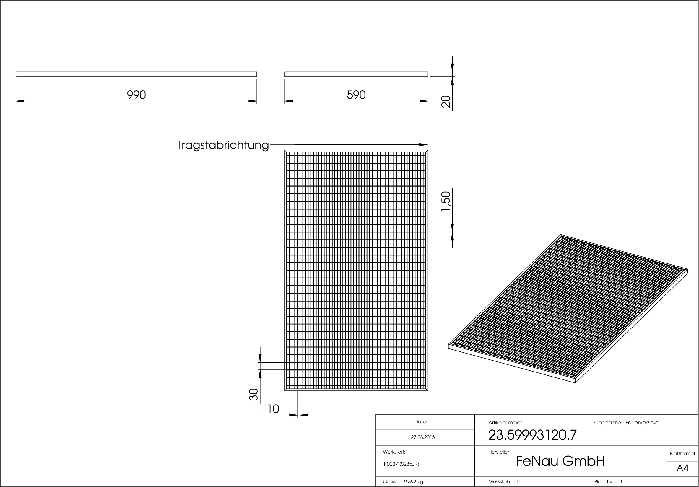 Lichtschachtrost Baunormrost | Maße:  590x990x20 mm 30/10 mm | aus S235JR (St37-2), im Vollbad feuerverzinkt