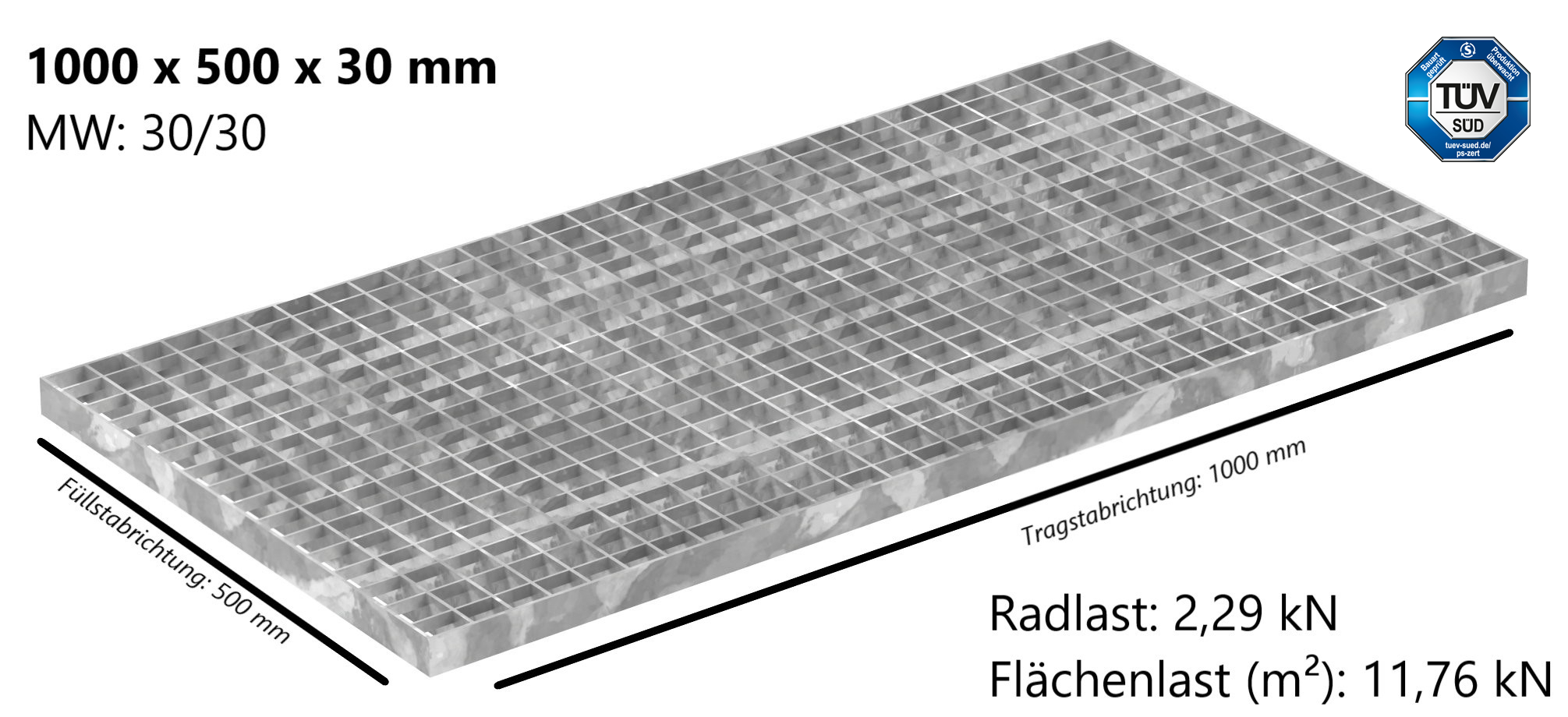 Industrie-Gitterrost | Maße: 1000x500x30 mm; MW 30/30 mm; 30/3 mm | S235JR (St37-2), im Vollbad feuerverzinkt