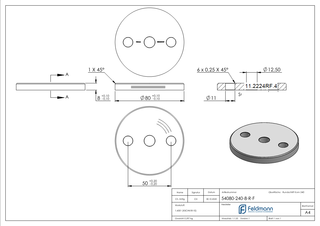 Ankerplatte Ø 80 x 8 mm mit Zentrierbohrung: Ø 12,5 mm V2A