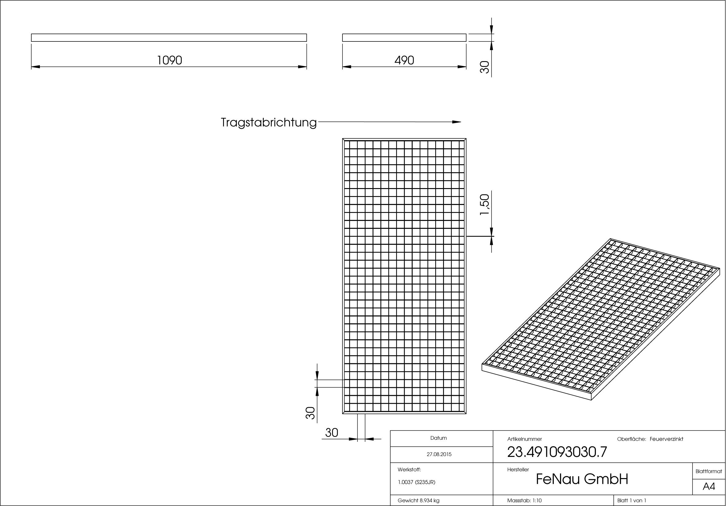 Lichtschachtrost Baunormrost | Maße:  490x1090x30 mm 30/30 mm | aus S235JR (St37-2), im Vollbad feuerverzinkt