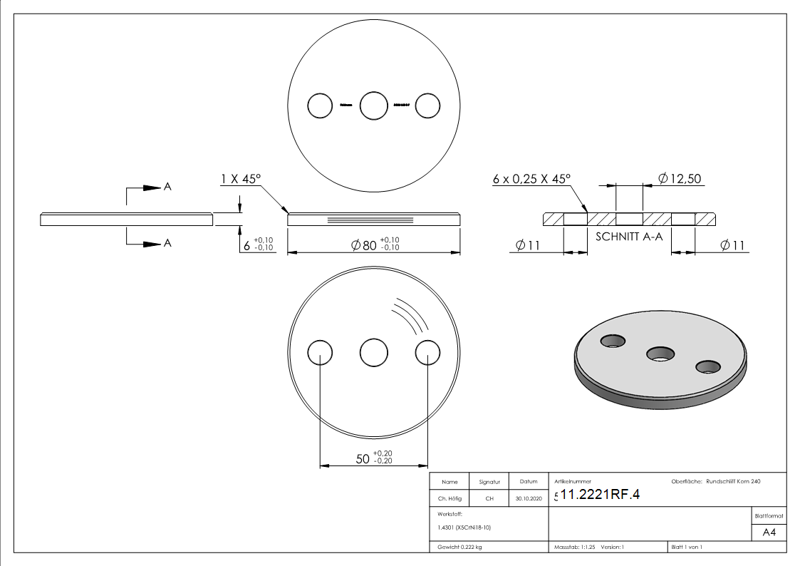 Ankerplatte Ø 80 x 6 mm mit Zentrierbohrung- Ø 12-5 mm V2A-11-2221RF.4