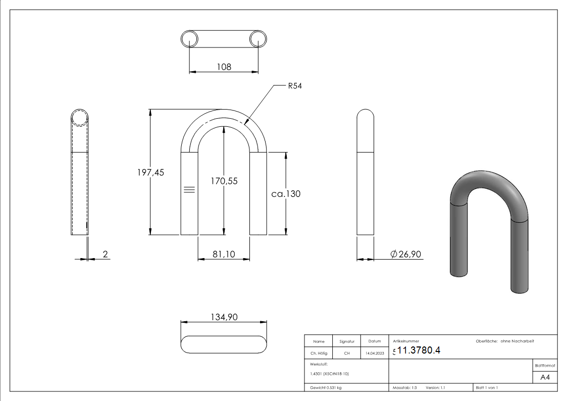 Bogen 180° | zum Schweißen | aus Rundrohr: Ø 26,9x2,0 mm | V2A