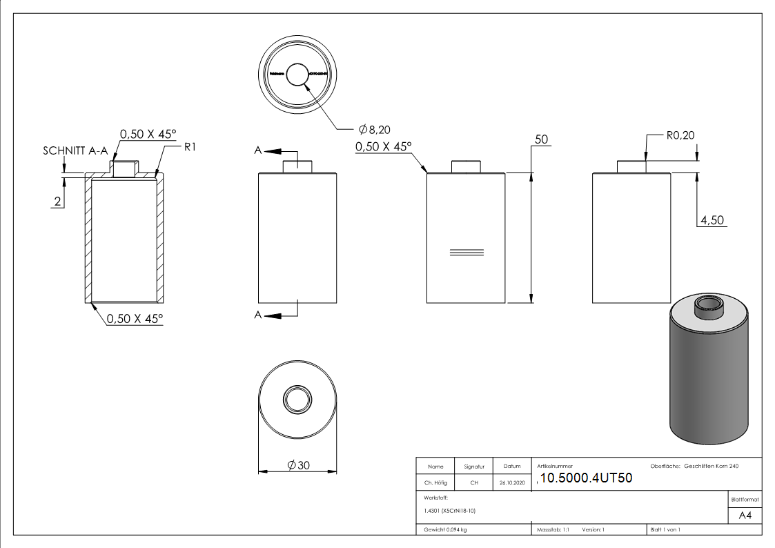 Glaspunkthalter-Unterteil Ø 30 mm- V2A- Hoehe- 50 mm-10-5000.4UT50