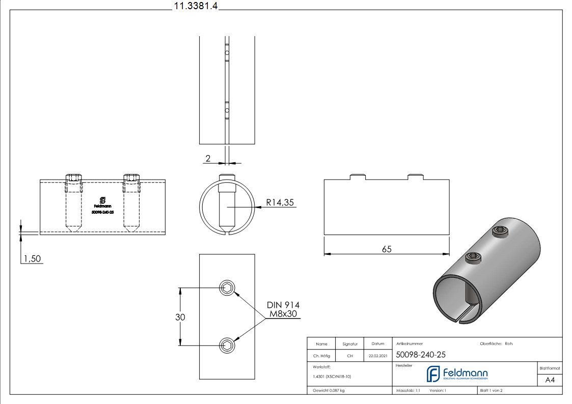 Verbindungshuelse fuer Rundrohr Ø 33-7x2-5 mm V2A-11-3381.4