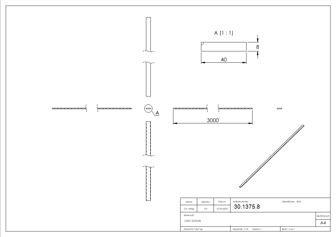 Flacheisen | Länge: 3000 mm | Material: 40x8 mm | Stahl (Roh) S235JR