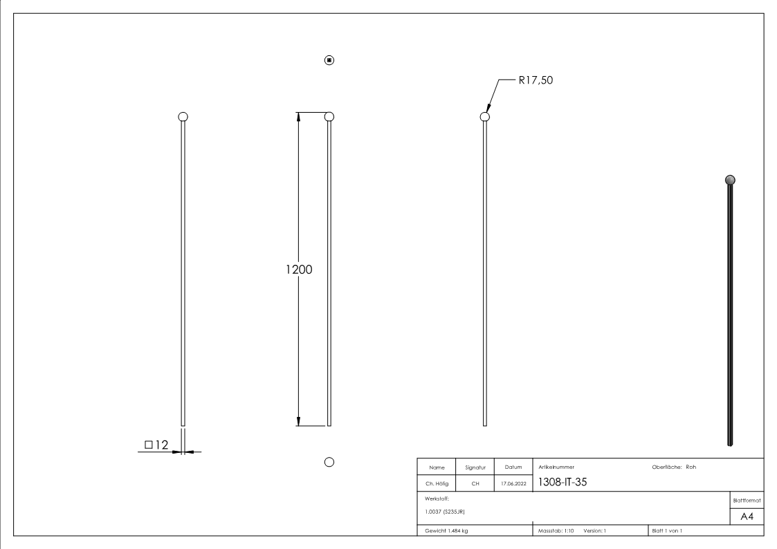 Kugelstab 12 x 12mm; Länge 1200mm;  Kugel 35mm