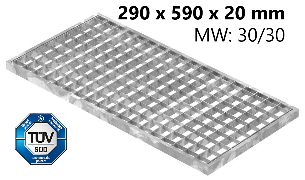 Lichtschachtrost Baunormrost | Maße:  290x590x20 mm 30/30 mm | aus S235JR (St37-2), im Vollbad feuerverzinkt