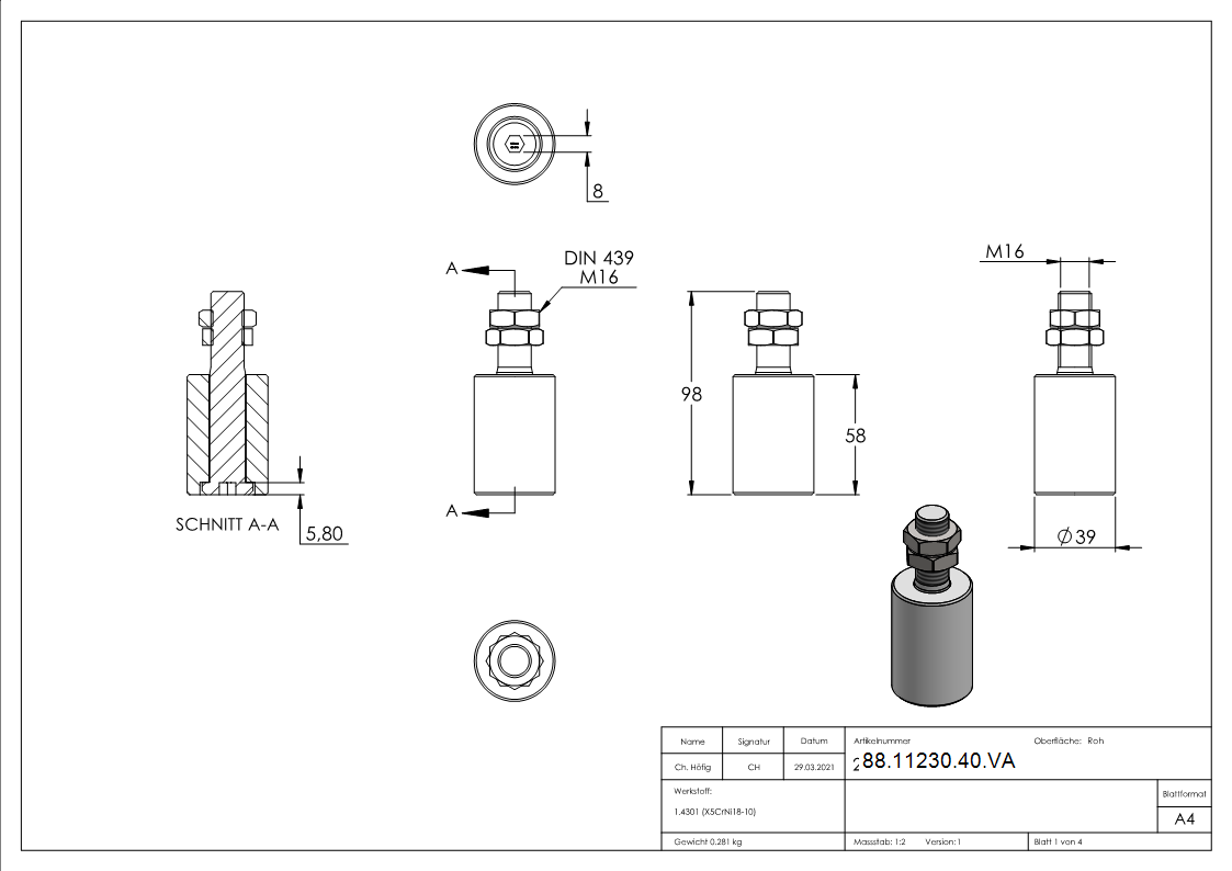 Fuehrungsrolle- Ø 39mm- V2A-88-11230-40.VA