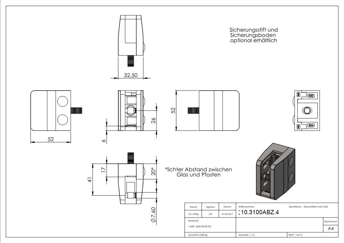 Glasklemme V2A 52 x 52 x 32-5 mm mit AbZ gerade eckig inkl- Schrauben-10-3100ABZ.4