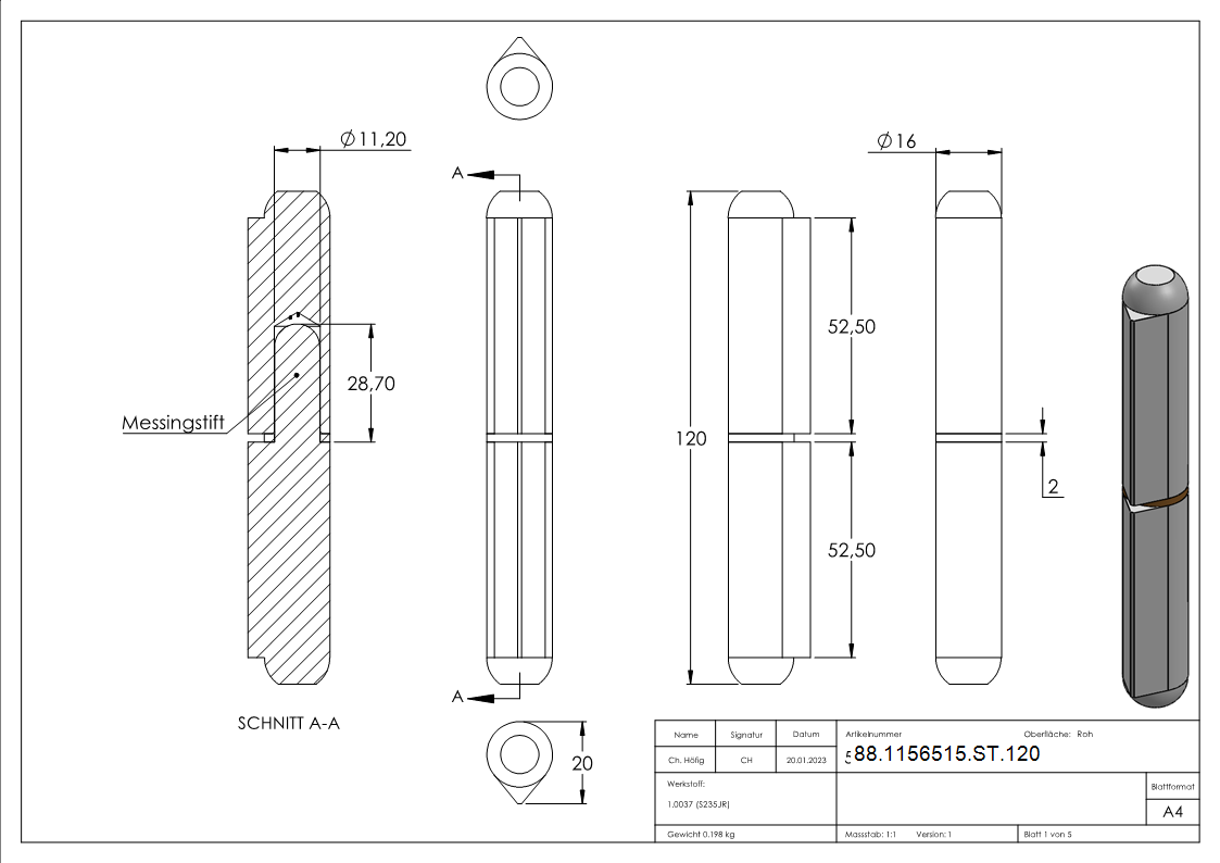 Anschweissband mit Messingring und -stift- Laenge- 120mm-88-1156515-ST.120