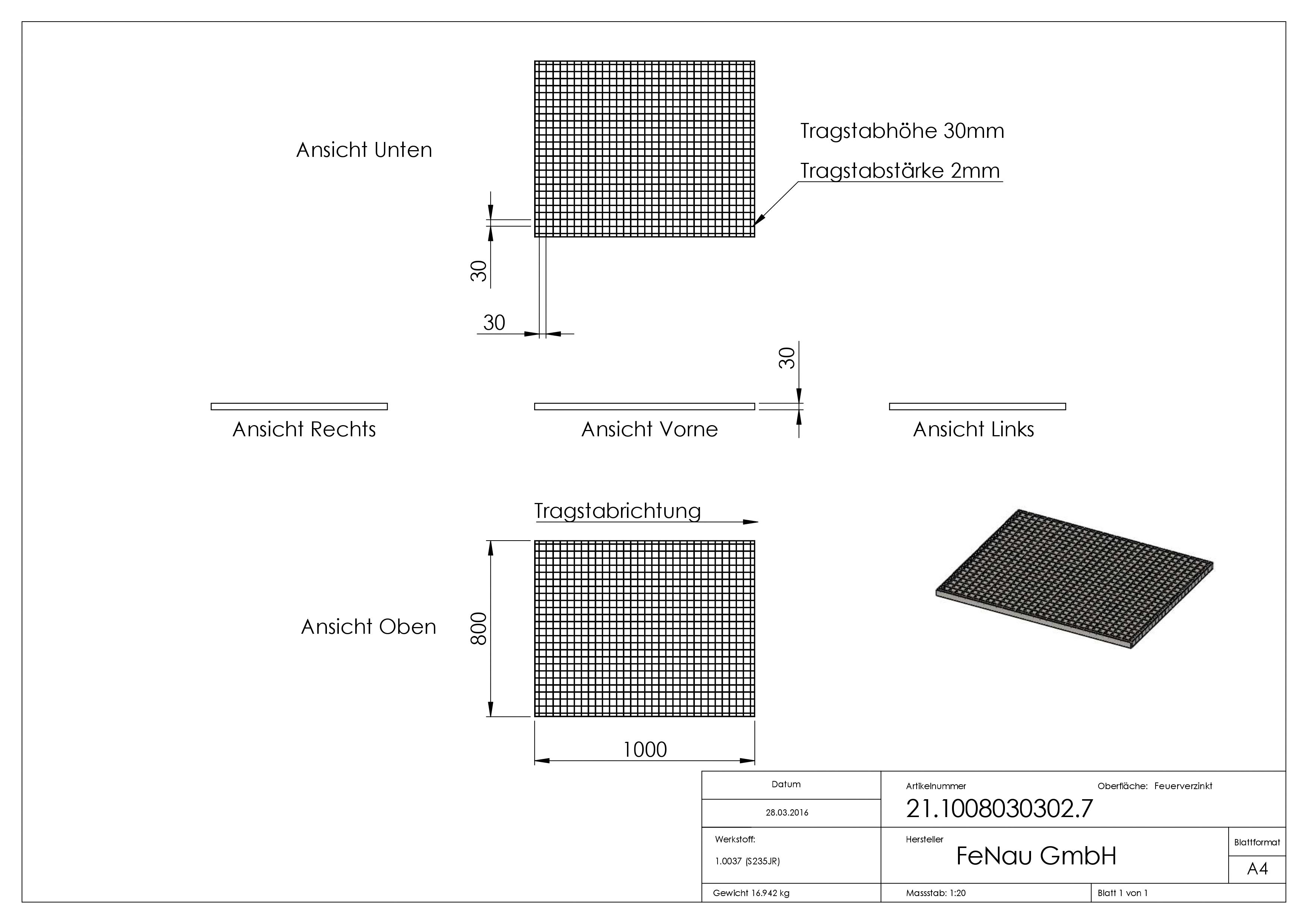 Industrie-Gitterrost | Maße: 1000x800x30 mm; MW 30/30 mm; 30/2 mm | S235JR (St37-2), im Vollbad feuerverzinkt