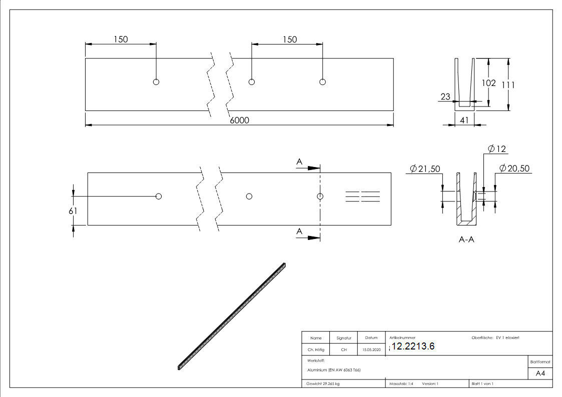 Alu-Profil - KOMPAKT - Laenge- 6000 mm - seitliche Montage - Aluminium-12-2213.6