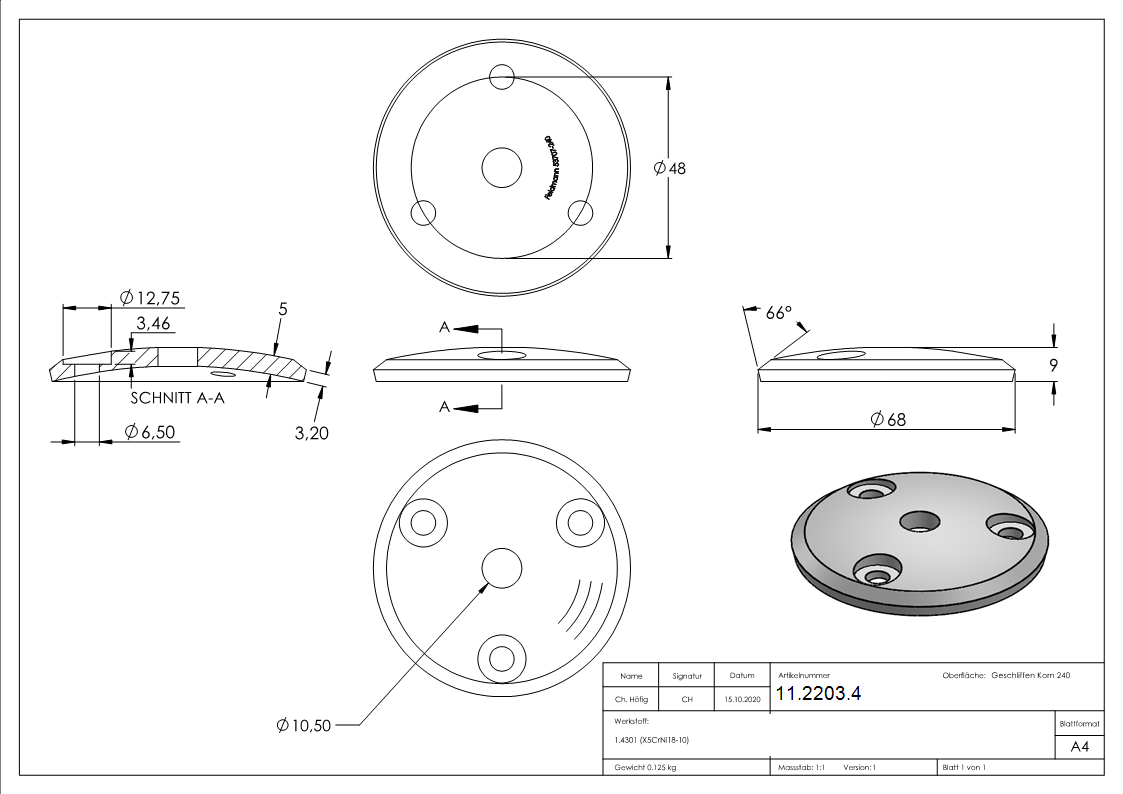 Ankerplatte Ø 68 x 5 mm gewölbt mit Zentrierbohrung: Ø 10 mm V2A