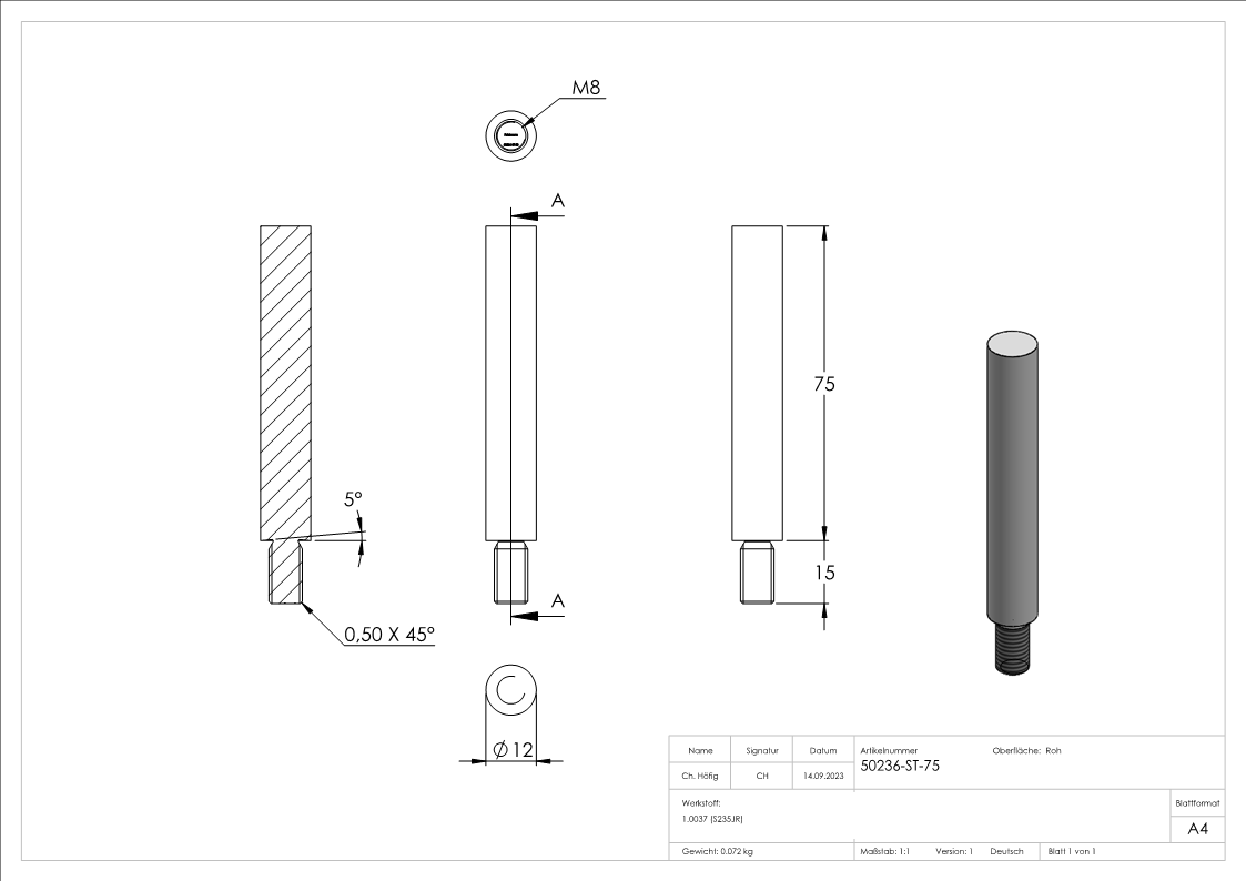 Stahlstift | mit Gewinde M8 | Maße: 75x12 mm | Stahl (Roh) S235JR
