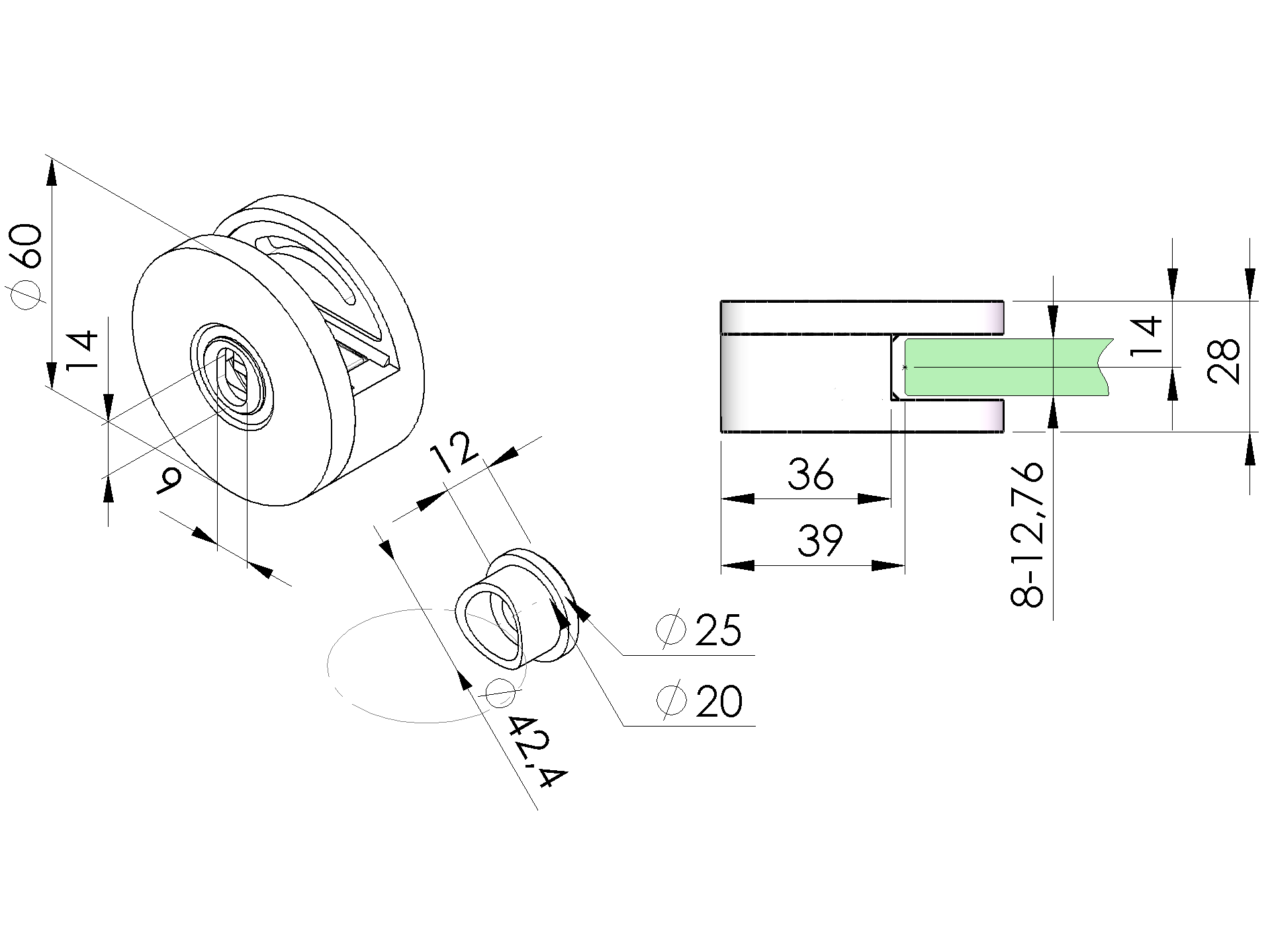 Glashalter Edelstahl AISI 304 einseitig Off-Axis Modell 40-41-89-11A4000742-A.4