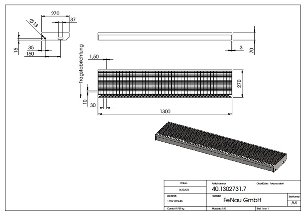 Gitterroststufe Treppenstufe Maße: 1300x270 mm 30/10 mm S235JR (St37-2), im Vollbad feuerverzinkt