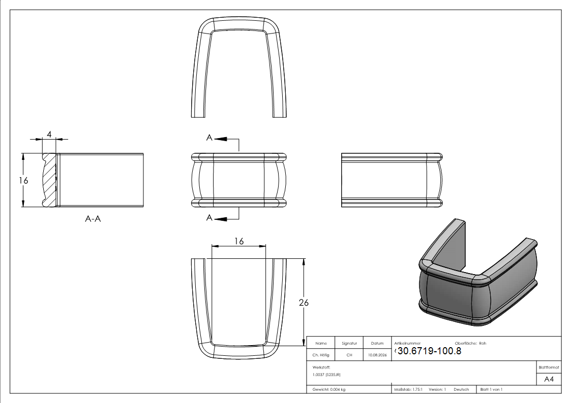 Bund - 100 Stueck - Material- 16x4 mm - Innenmass- 16x26 mm - Stahl -Roh- S235JR-30-6719-100.8