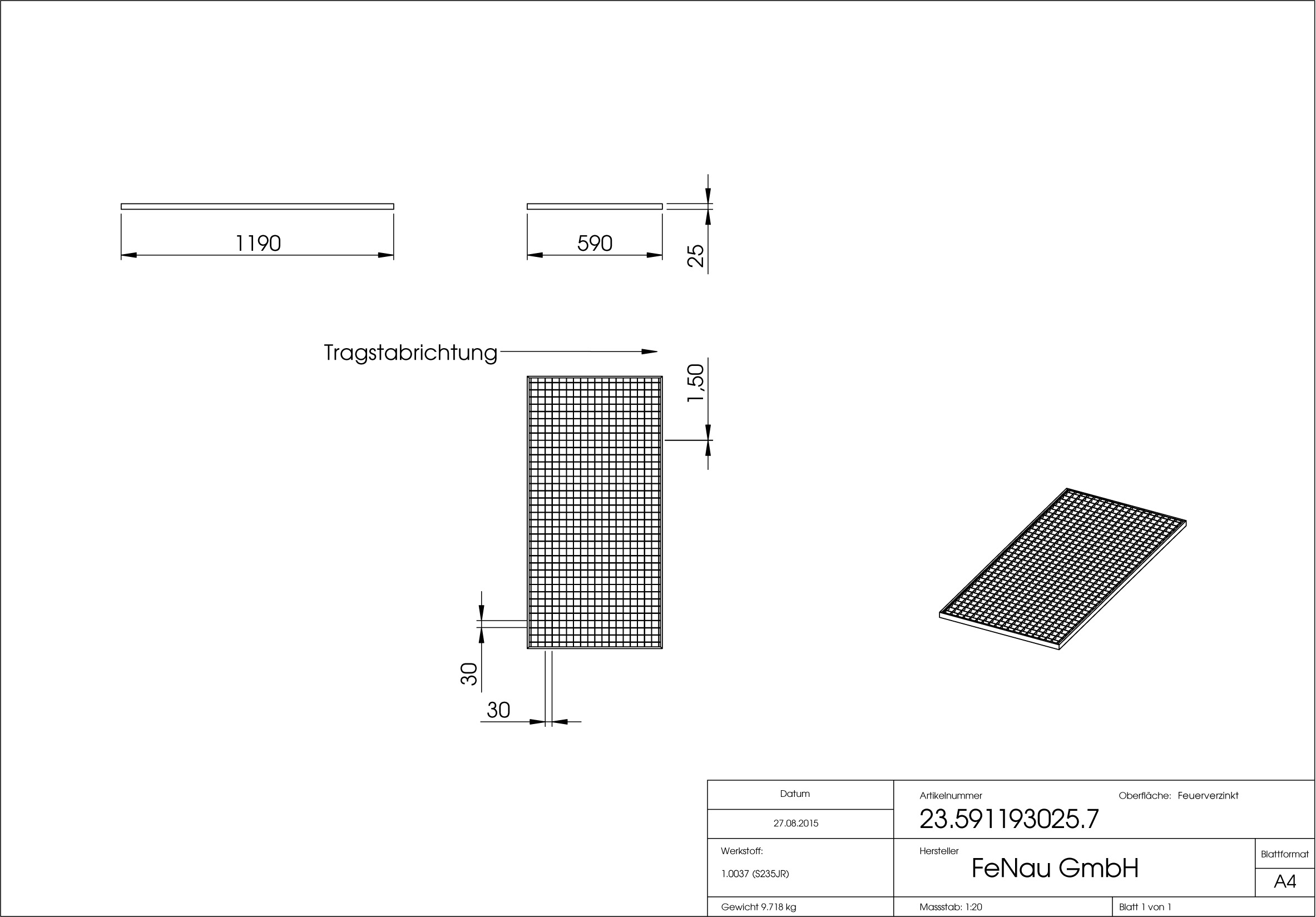 Lichtschachtrost Baunormrost | Maße:  590x1190x25 mm 30/30 mm | aus S235JR (St37-2), im Vollbad feuerverzinkt