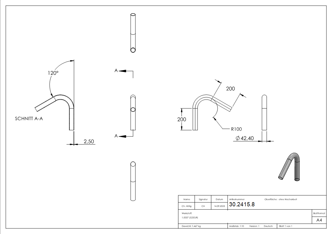 Rohrbogen 120° Stahl roh - 42-4 x 2-5 mm -1 ¼- - S235JR-30-2415.8