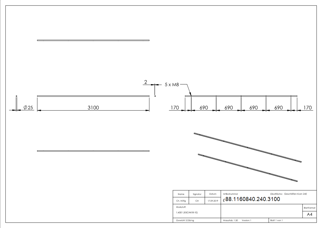 Laufschiene fuer Glasschiebetueren- Laenge 3100mm-88-1160840-240.3100