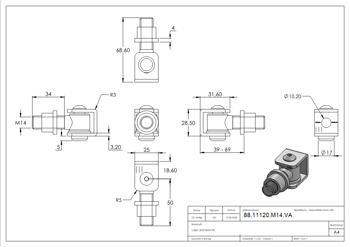 Torband mit Gewindehülse M14, V2A
