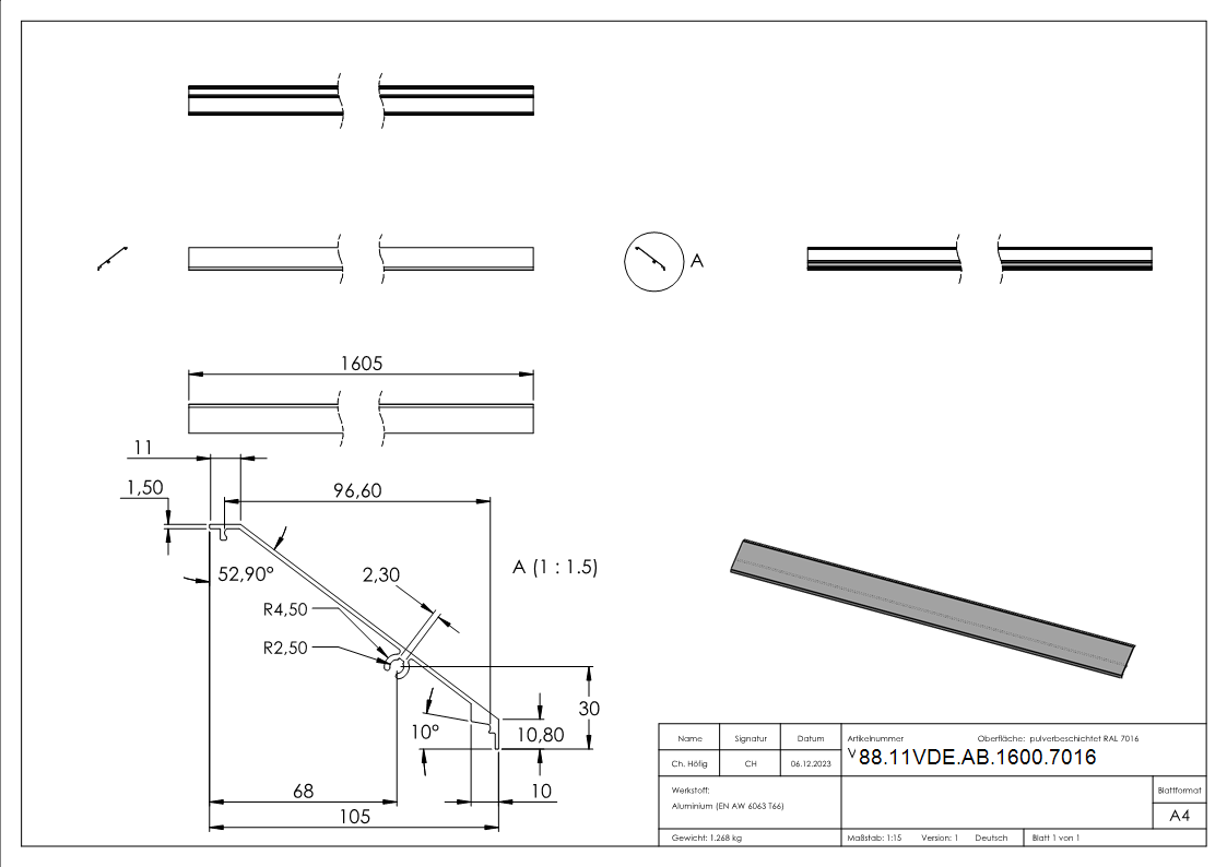 Vordachabdeckung Aluminium L = 1605 mm pulverbeschichtet RAL 7016-88-11VDE-AB-1600.7016