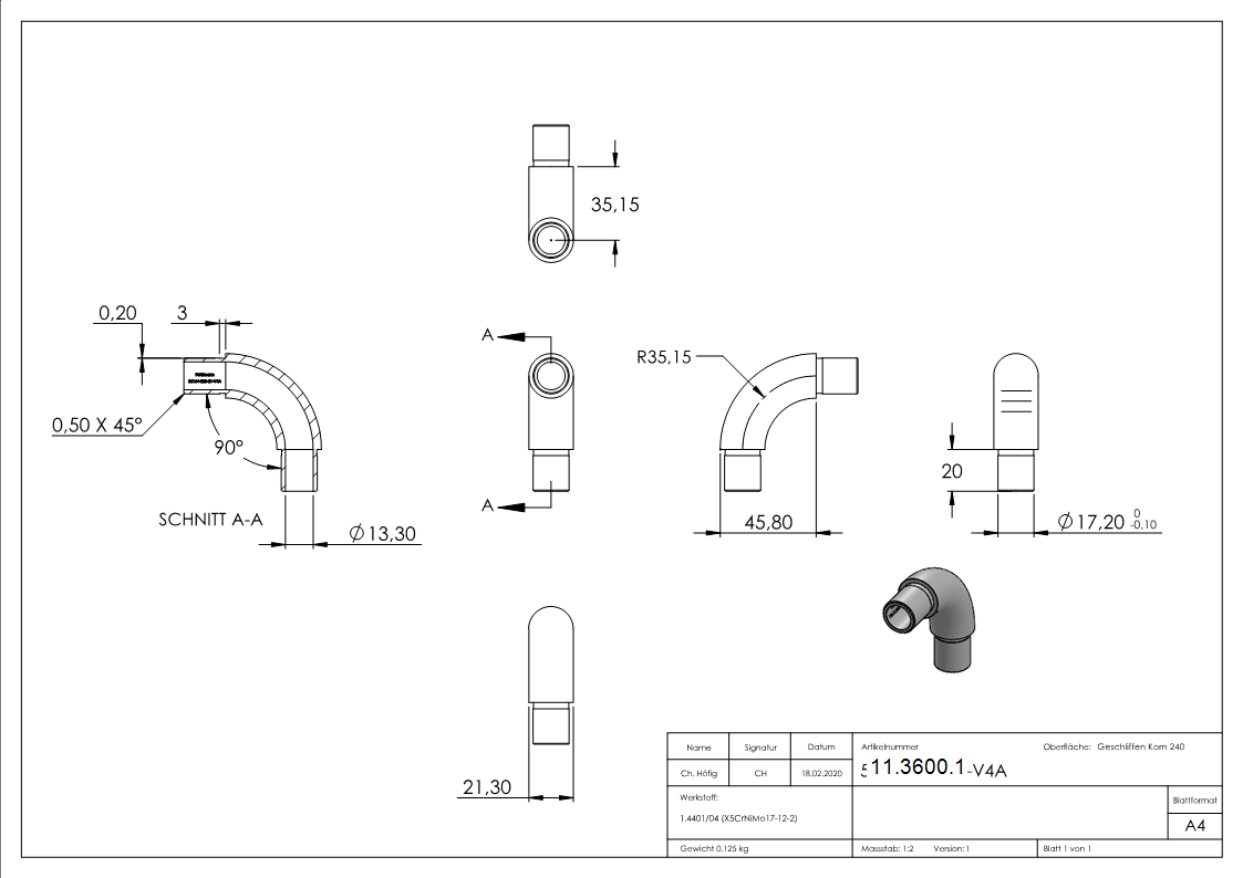 Rohrbogen 90° rund, für Rundrohr Ø 21,3x2,0 mm V4A