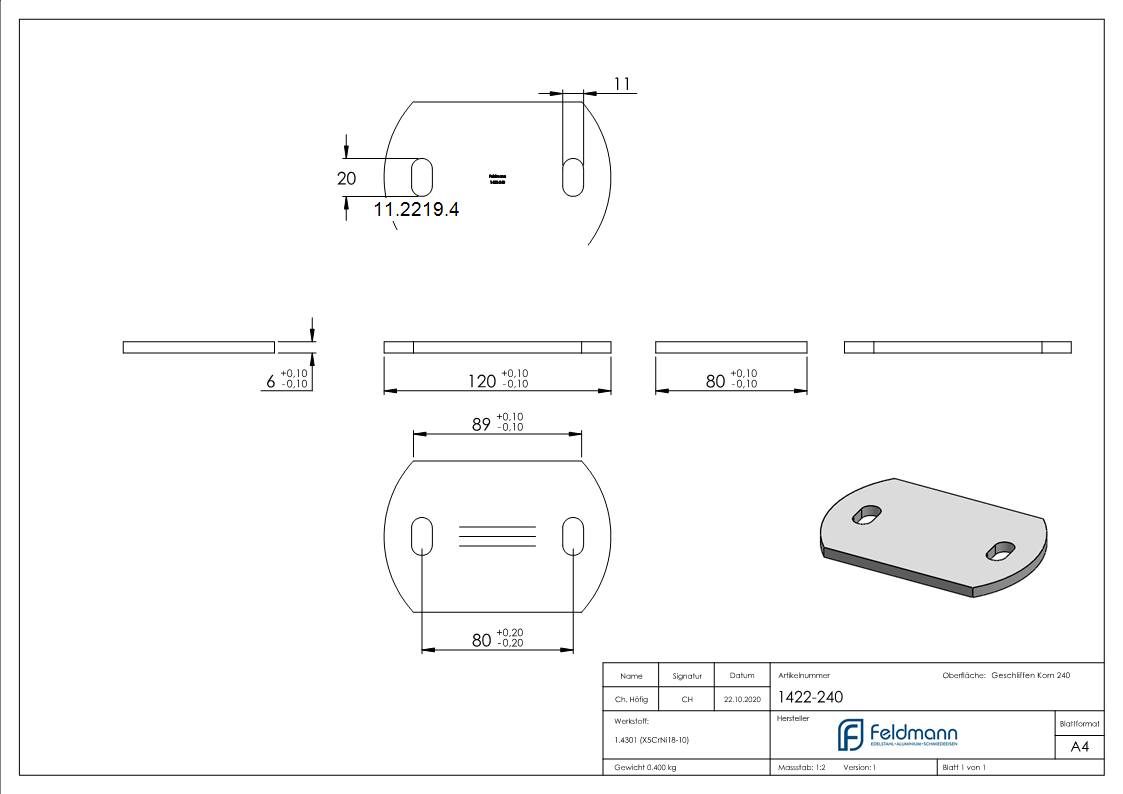 Ankerplatte Maße: 120 x 80 x 6 mm mit Langlochbohrung V2A