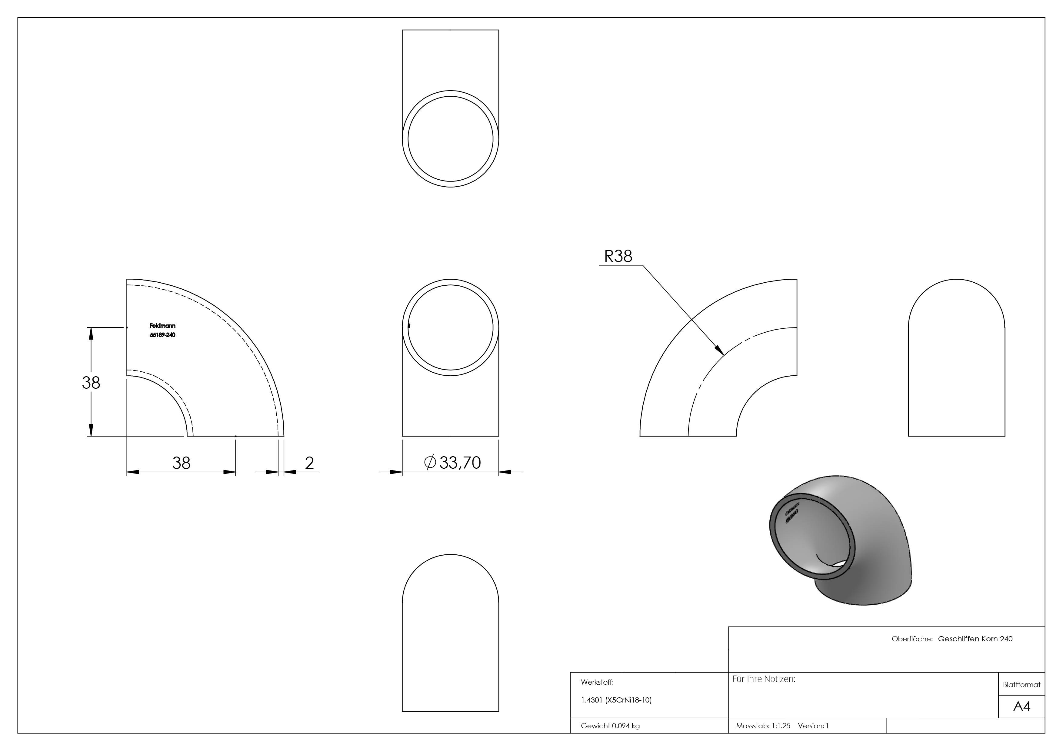 Bogen 90° | zum Schweißen | für Rundrohr: Ø 33,7 mm | V2A