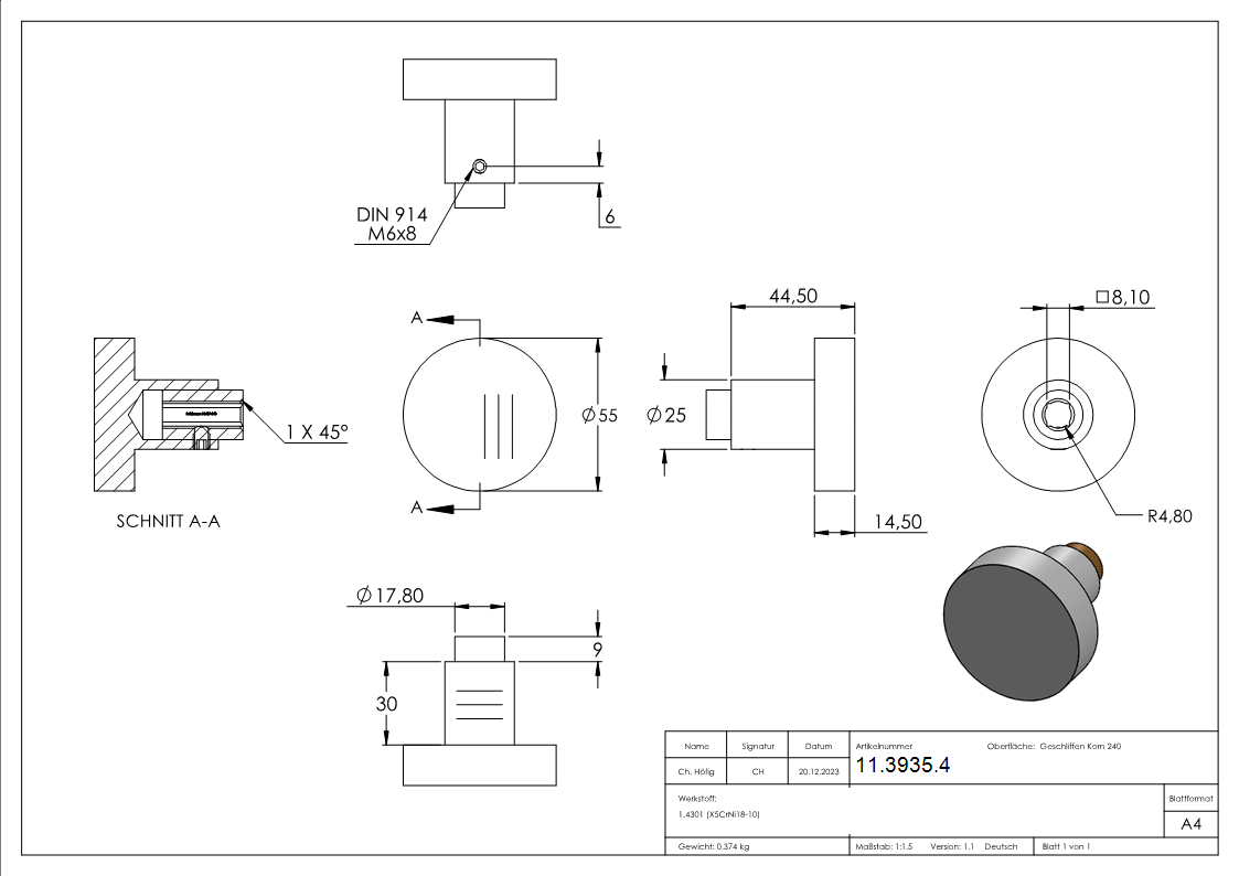 Tuerknauf V2A gerade mit Scheibe Ø 55 mm-11-3935.4