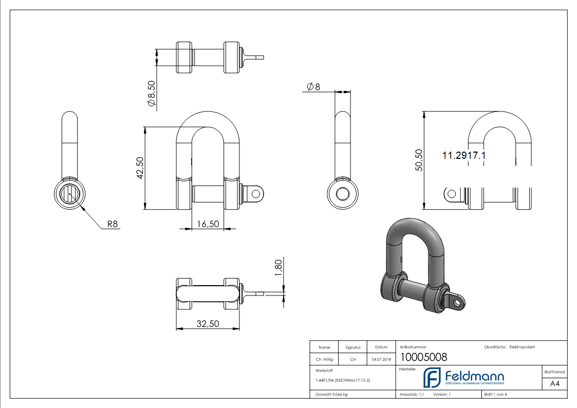 Schäkel | für Seil Ø: 8 mm | V4A