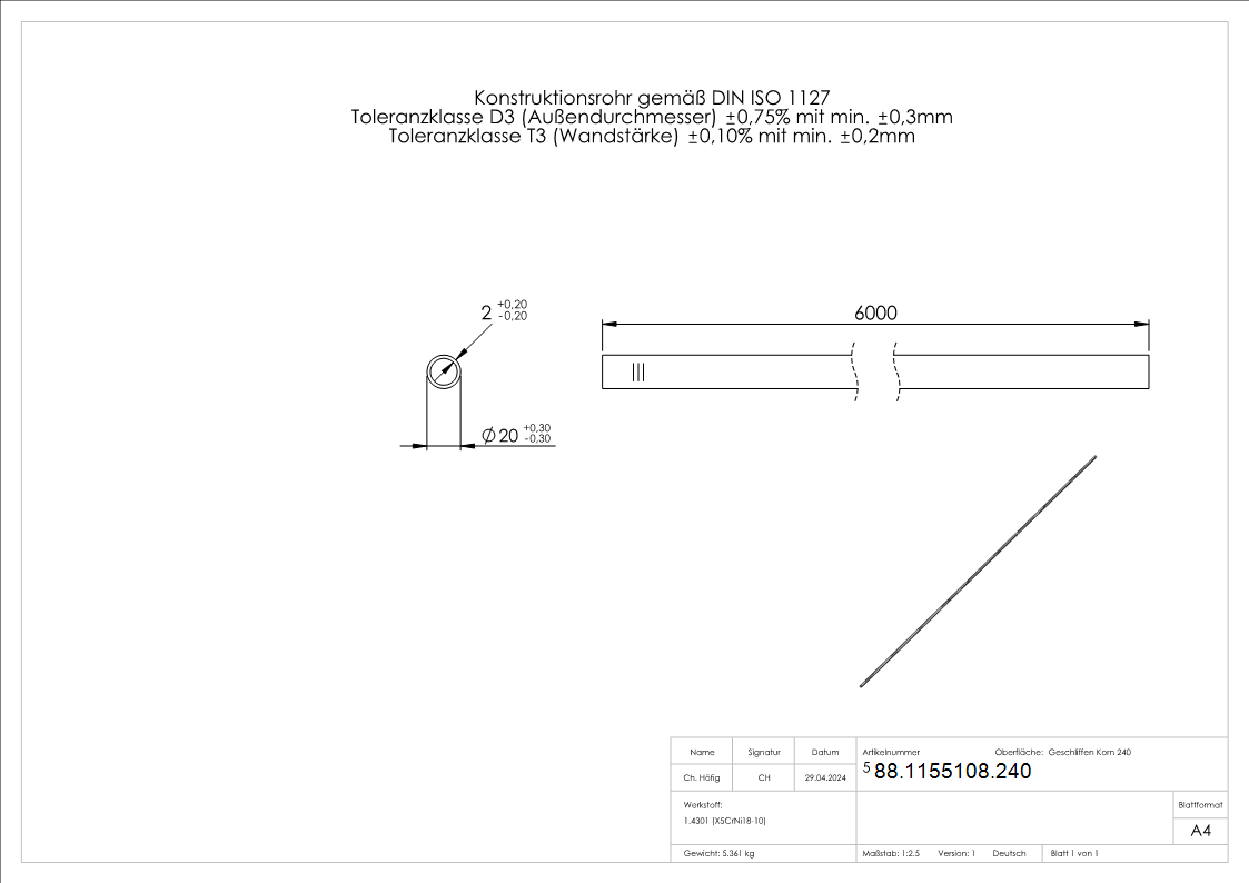 Edelstahlrohr- 20-0x2-0mm- L- 6000mm- V2A Edelstahl-88-1155108.240