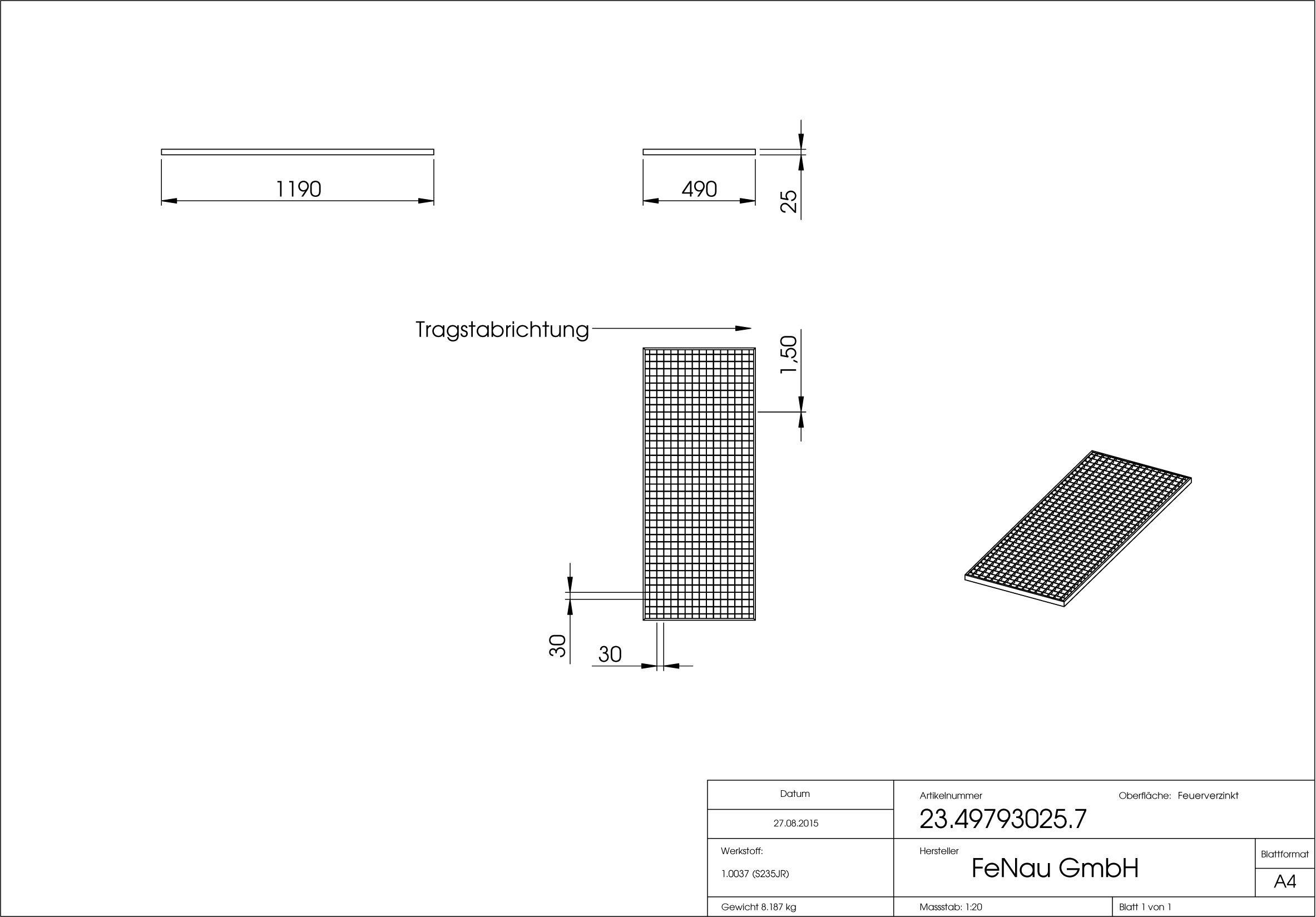 Lichtschachtrost Baunormrost | Maße:  490x790x25 mm 30/30 mm | aus S235JR (St37-2), im Vollbad feuerverzinkt