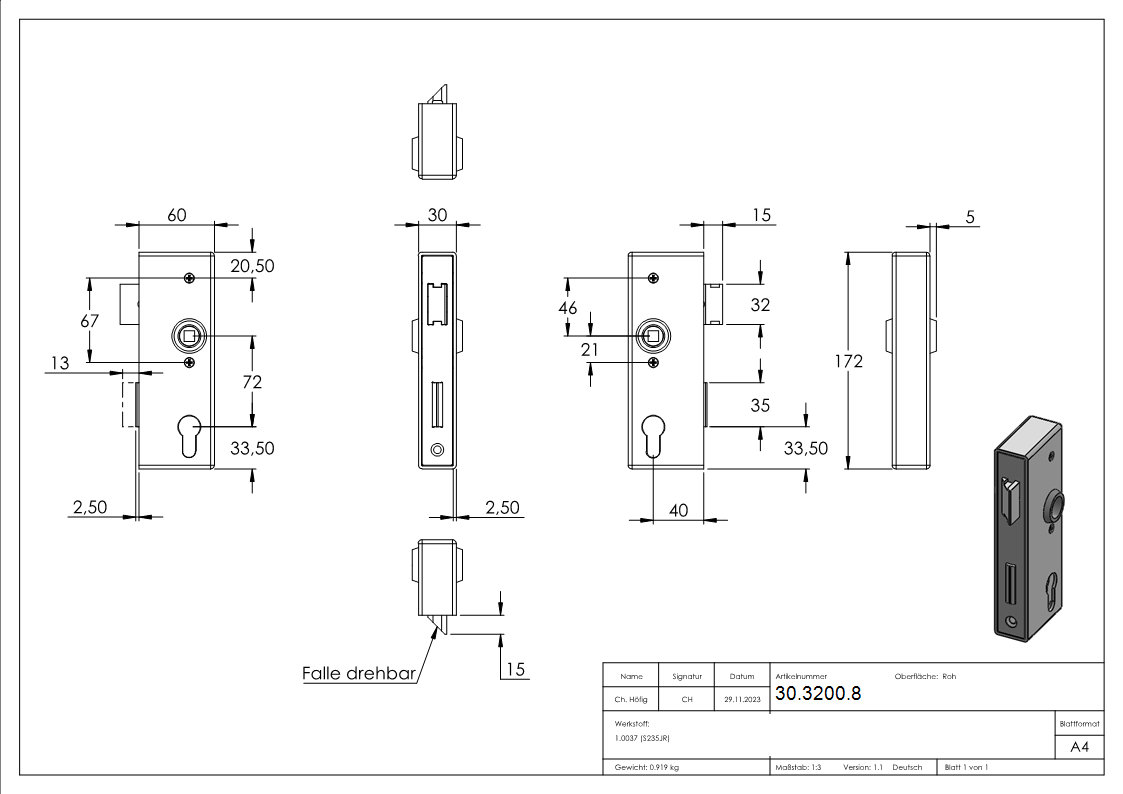 Schlosskasten - Masse- 173x60x30 mm - Dorn- 40 mm - Stahl -roh- S235 JR Abstand 72 mm-30-3200.8