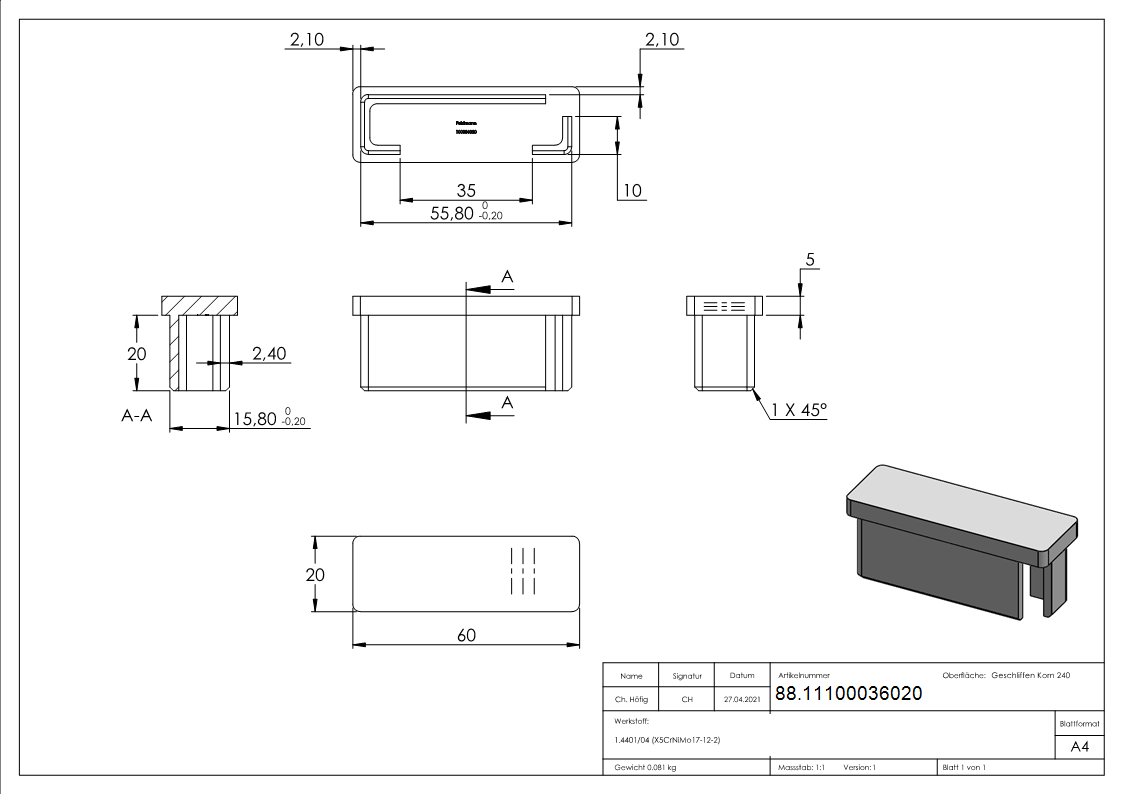Endkappe für Rohr: 60 x 20 x 2,0 mm | V4A