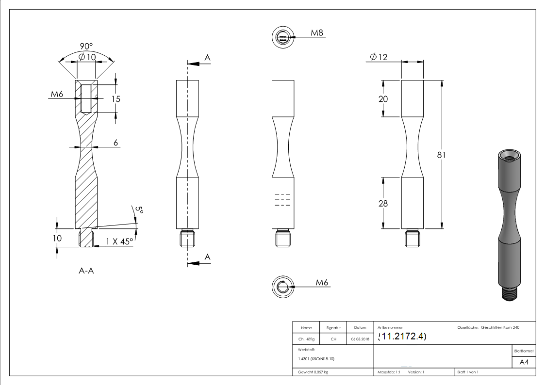 Stift Maße: 81x12 mm zum Biegen mit Außen - und Innengewinde V2A