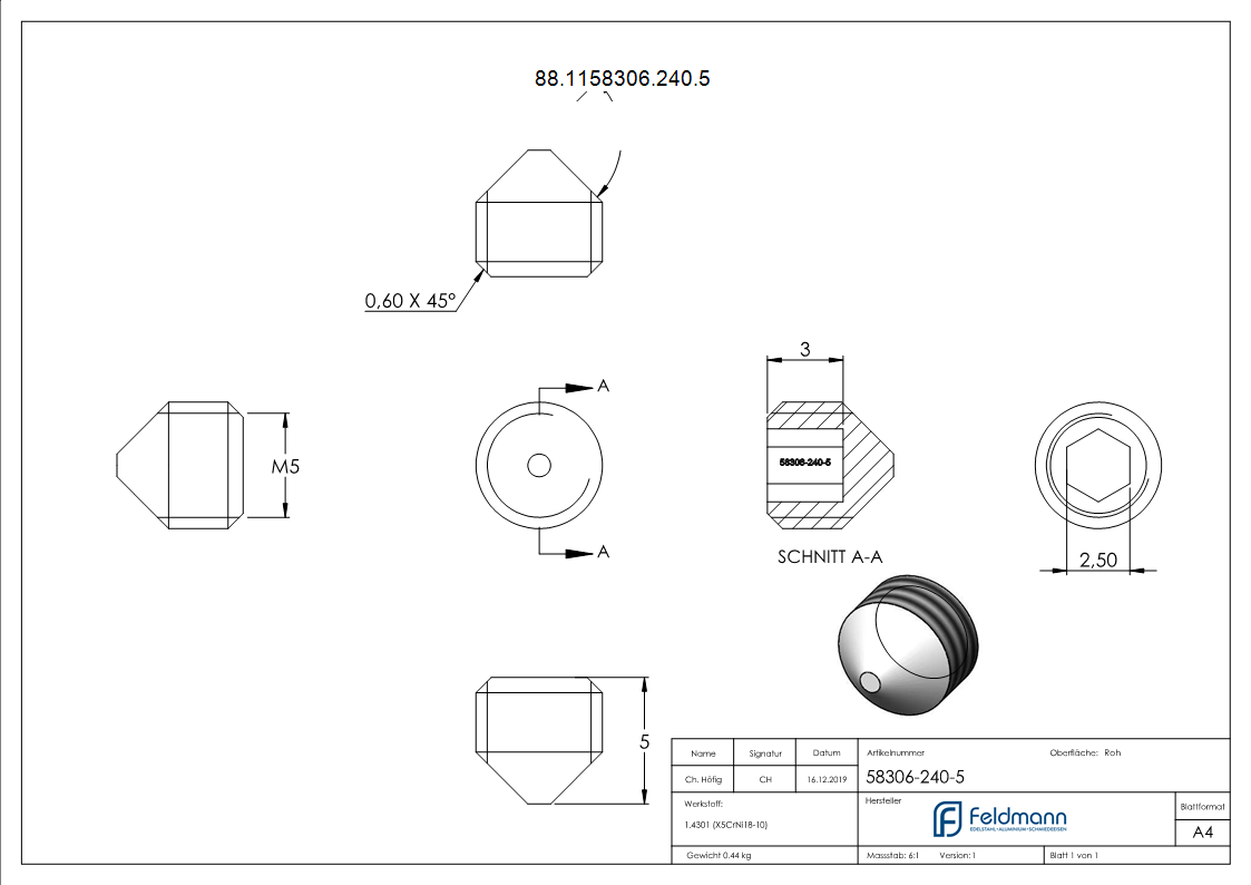 Gewindestift V2A M5x5 Innensechskant mit Spitze DIN 914-88-1158306-240.5