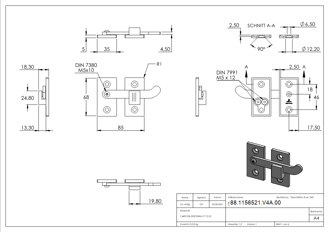 Türriegel für flache Profile, V4A