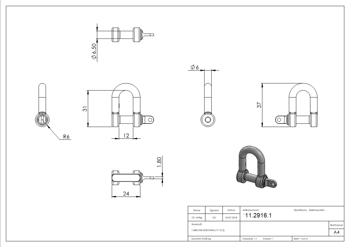 Schäkel | für Seil Ø: 6 mm | V4A