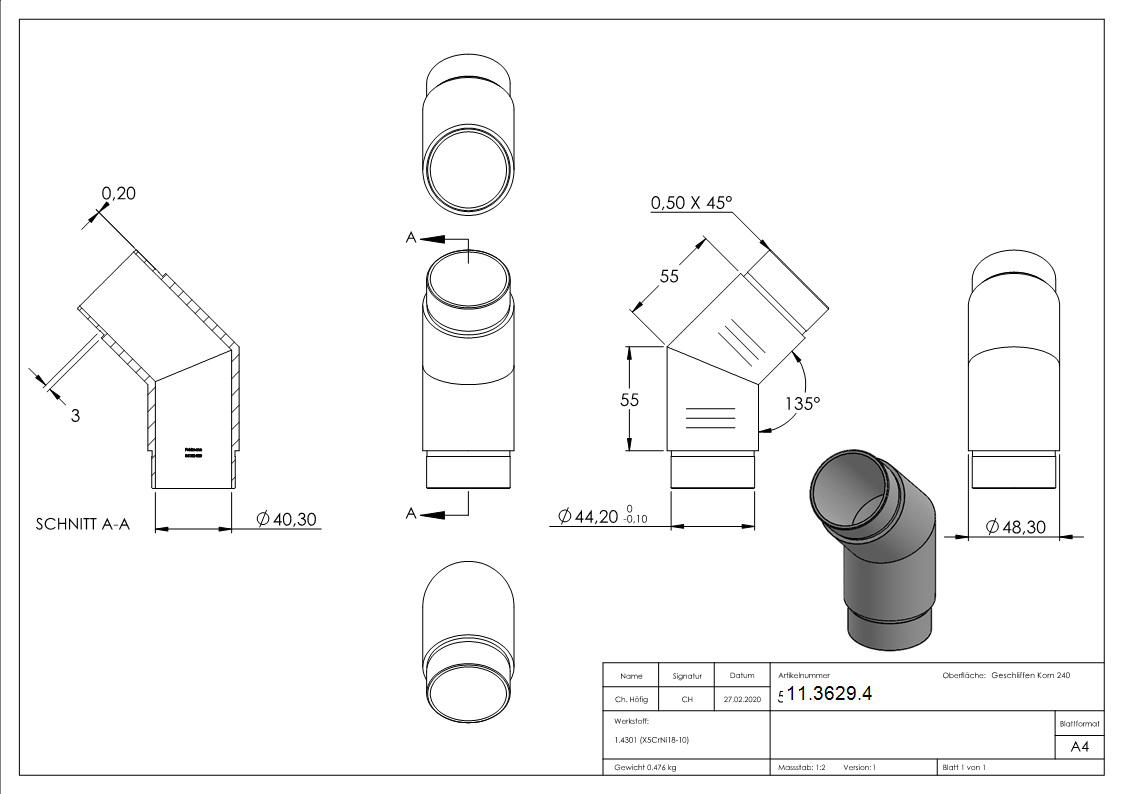 Eckbogen 135°, für Rundrohr Ø 48,3x2,0 mm V2A