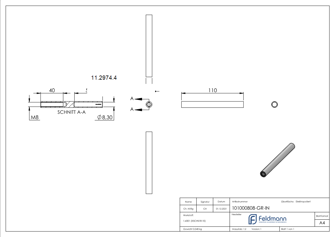 Gewindeterminal mit Innengewinde - Rechtsgewinde - Fuer Seil von Ø 8 mm -V2A-11-2974.4