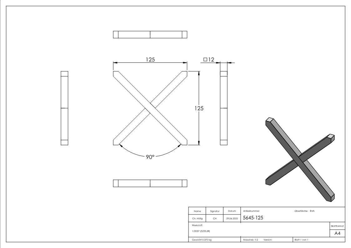 Kreuz | Material: 12x12 mm | Maße: 125x125 mm | Stahl S235JR, roh