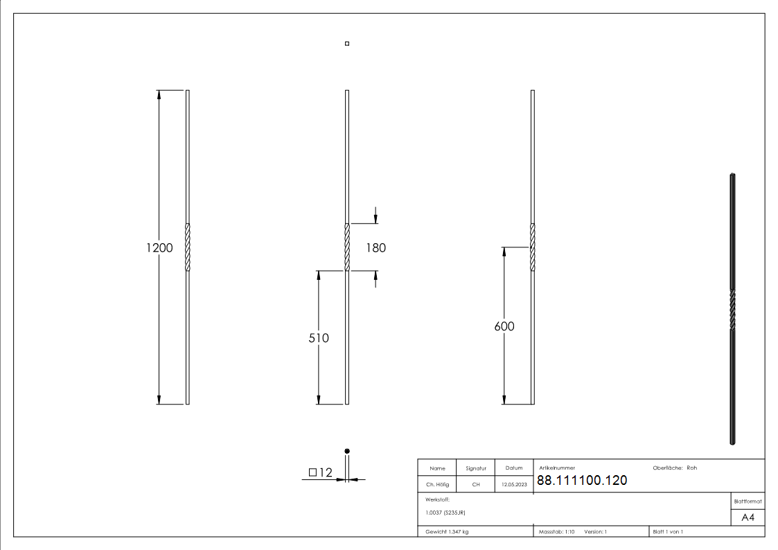 Zwischenstab 12x12 mm 1x gedr.